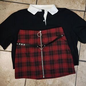 Black Collar Crop top and Red Plaid Zip-Up Skirt